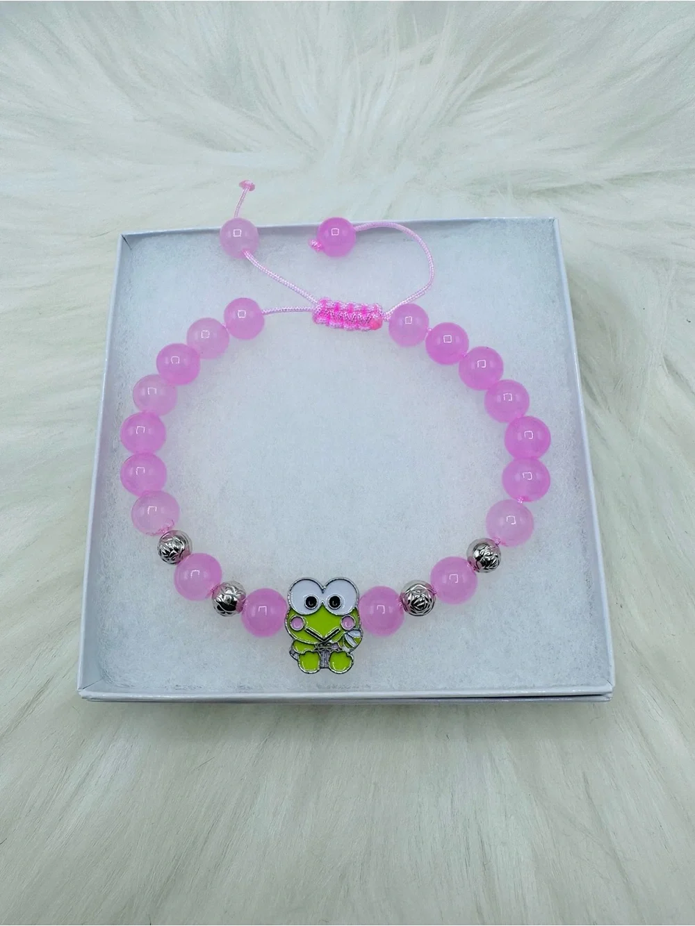 Cute Pink Adjustable Beaded Keroppi Charm Bracelet